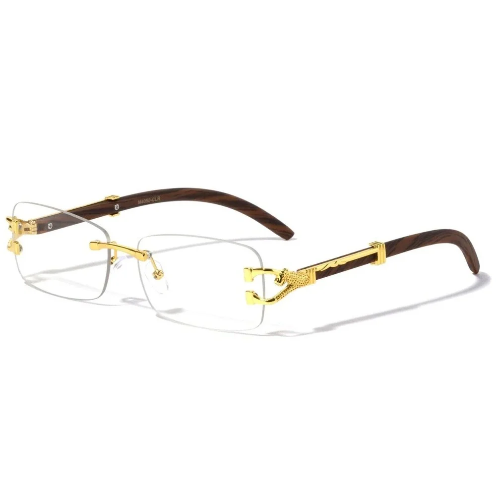 Rimless Sunglasses Gold‎ Wood Frame Clear Lens Fashion Eyewear Men Retro Hip Hop